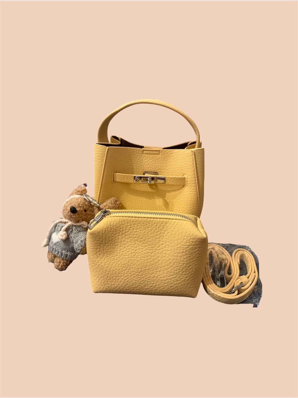 Sunshine Yellow Mini Top-Handle Bag with Zip Pouch and Teddy Charm